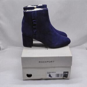 Rockport TM Oaklee Ruffle Ankle Boots Women's 7.5W Blue Suede Casual Chunky Heel